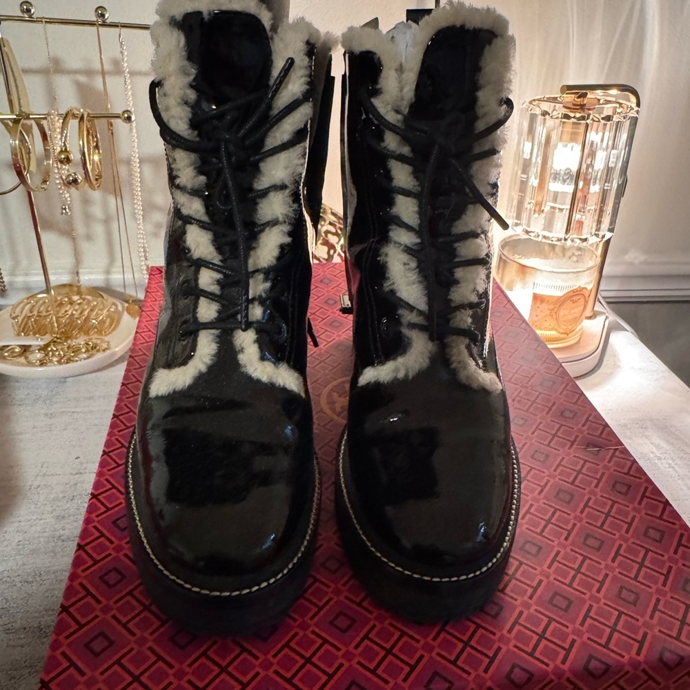 Tory Burch Black and White Winter Boots with Lace-Up Design